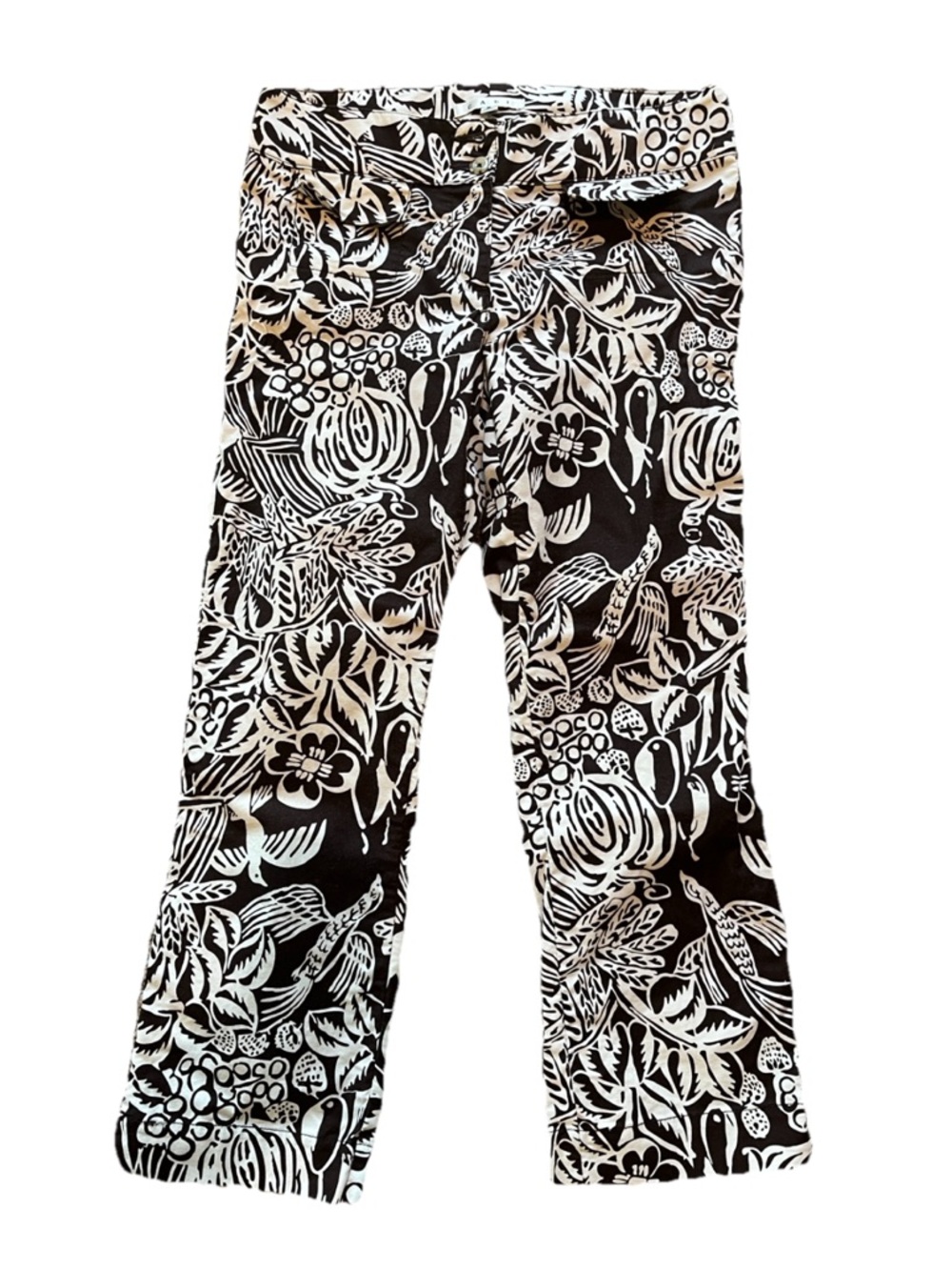 CAbi Pants Cropped Capri Brown White Floral Tropical  Birds Print Jeans Size 6